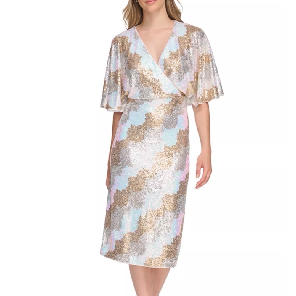 Kensie Shimmering Sequin Midi Dress in Gold and Silver